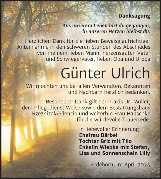 Traueranzeige von Günter Ulrich von Trauerkombi Mansfelder Land
