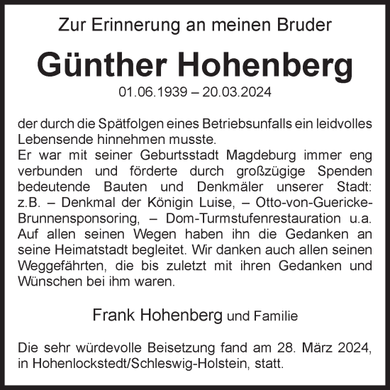 Traueranzeige von Günther Hohenberg von Volksstimme Magdeburg