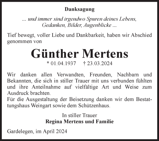 Traueranzeige von Günther Mertens von Volksstimme Altmark West