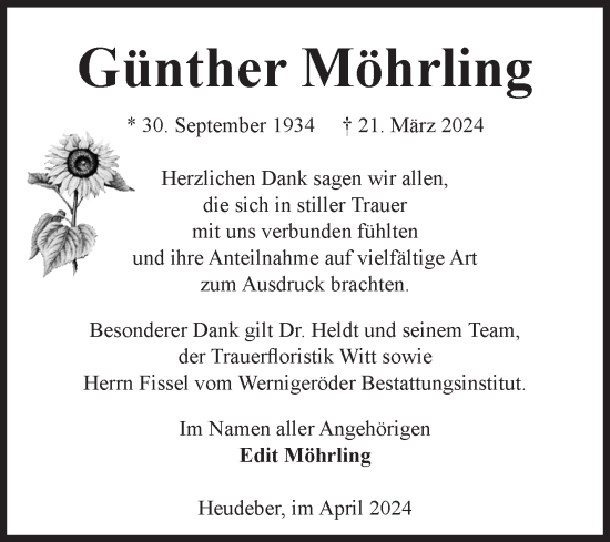 Traueranzeige von Günther Möhrling von Volksstimme Wernigerode