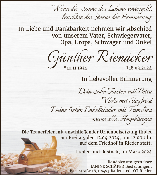 Traueranzeige von Günther Rienäcker von Trauerkombi Quedlinburg