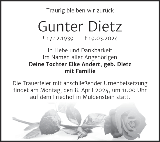 Traueranzeige von Gunter Dietz von SuperSonntag Bitterfeld