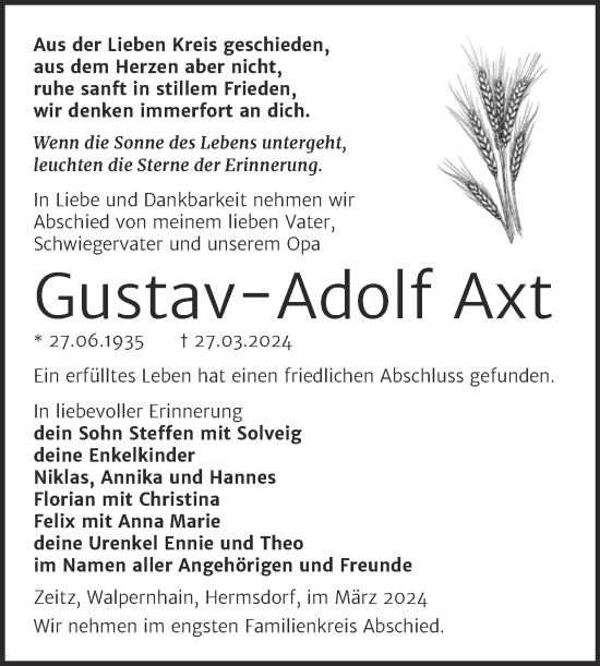 Traueranzeige von Gustav-Adolf Axt von Trauerkombi Zeitz