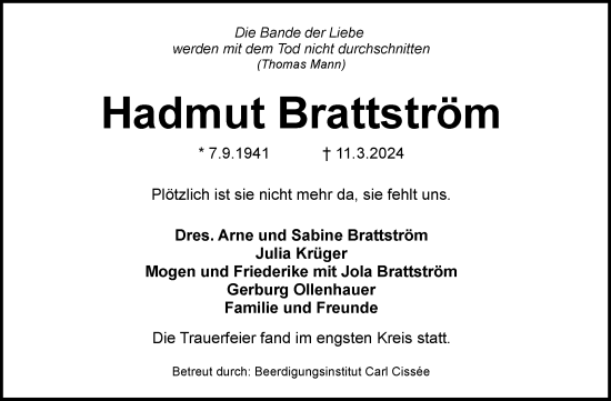 Traueranzeige von Hadmut Brattström von Volksstimme Magdeburg