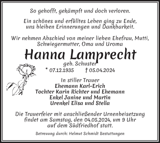 Traueranzeige von Hanna Lamprecht von Volksstimme Magdeburg