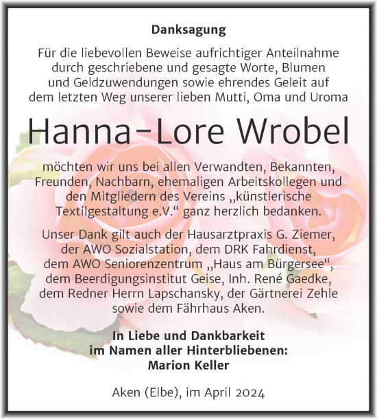 Traueranzeige von Hanna-Lore Wrobel von Trauerkombi Köthen