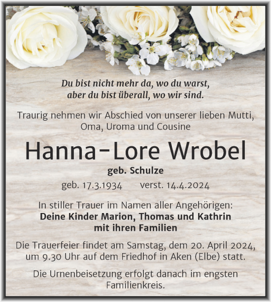 Traueranzeige von Hanna-Lore Wrobel von Trauerkombi Köthen