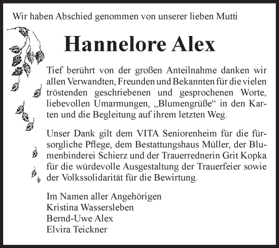 Traueranzeige von Hannelore Alex von Volksstimme Altmark West