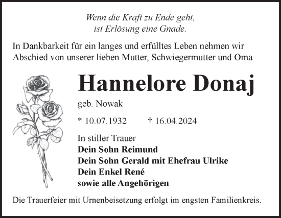 Traueranzeige von Hannelore Donaj von Trauerkombi Bitterfeld