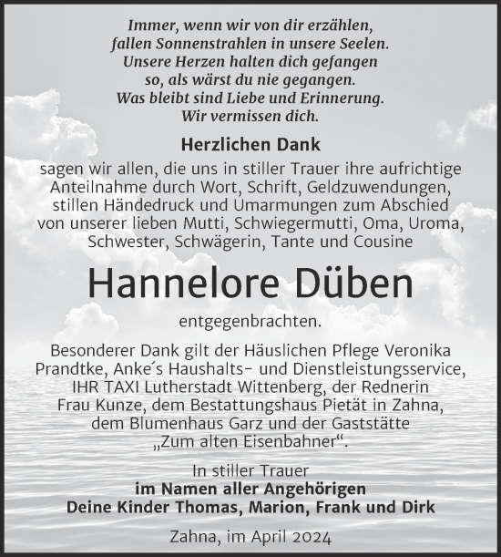 Traueranzeige von Hannelore Düben von Trauerkombi Wittenberg