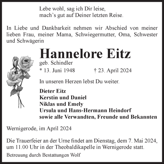 Traueranzeige von Hannelore Eitz von Volksstimme Wernigerode