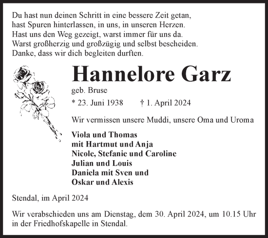 Traueranzeige von Hannelore Garz von Volksstimme Altmark Ost