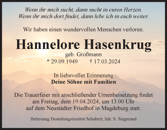 Traueranzeige von Hannelore Hasenkrug von Volksstimme Haldensleben/Wolmirstedt
