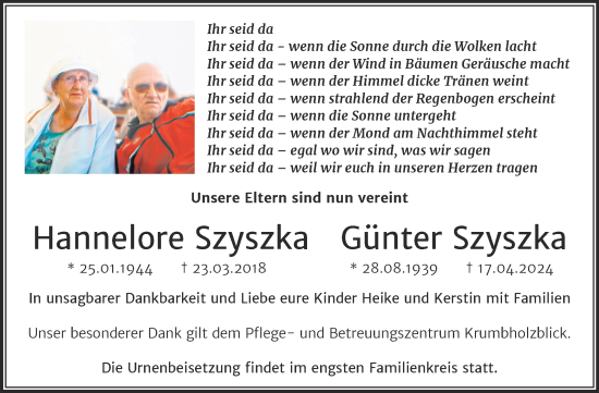 Traueranzeige von Hannelore und Günter Szyszka von Trauerkombi Bernburg
