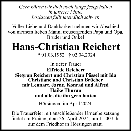 Traueranzeige von Hans-Christian Reichert von Volksstimme Haldensleben/Wolmirstedt