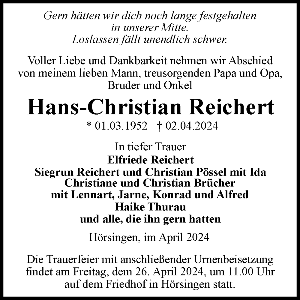  Traueranzeige für Hans-Christian Reichert vom 13.04.2024 aus Volksstimme Haldensleben/Wolmirstedt
