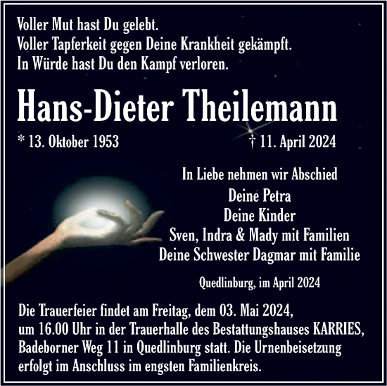 Traueranzeige von Hans-Dieter Theilemann von Trauerkombi Quedlinburg
