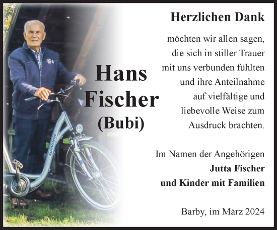 Traueranzeige von Hans Fischer von Volksstimme Schönebeck