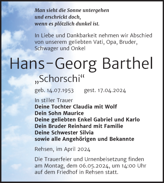 Traueranzeige von Hans-Georg Barthel von Trauerkombi Wittenberg
