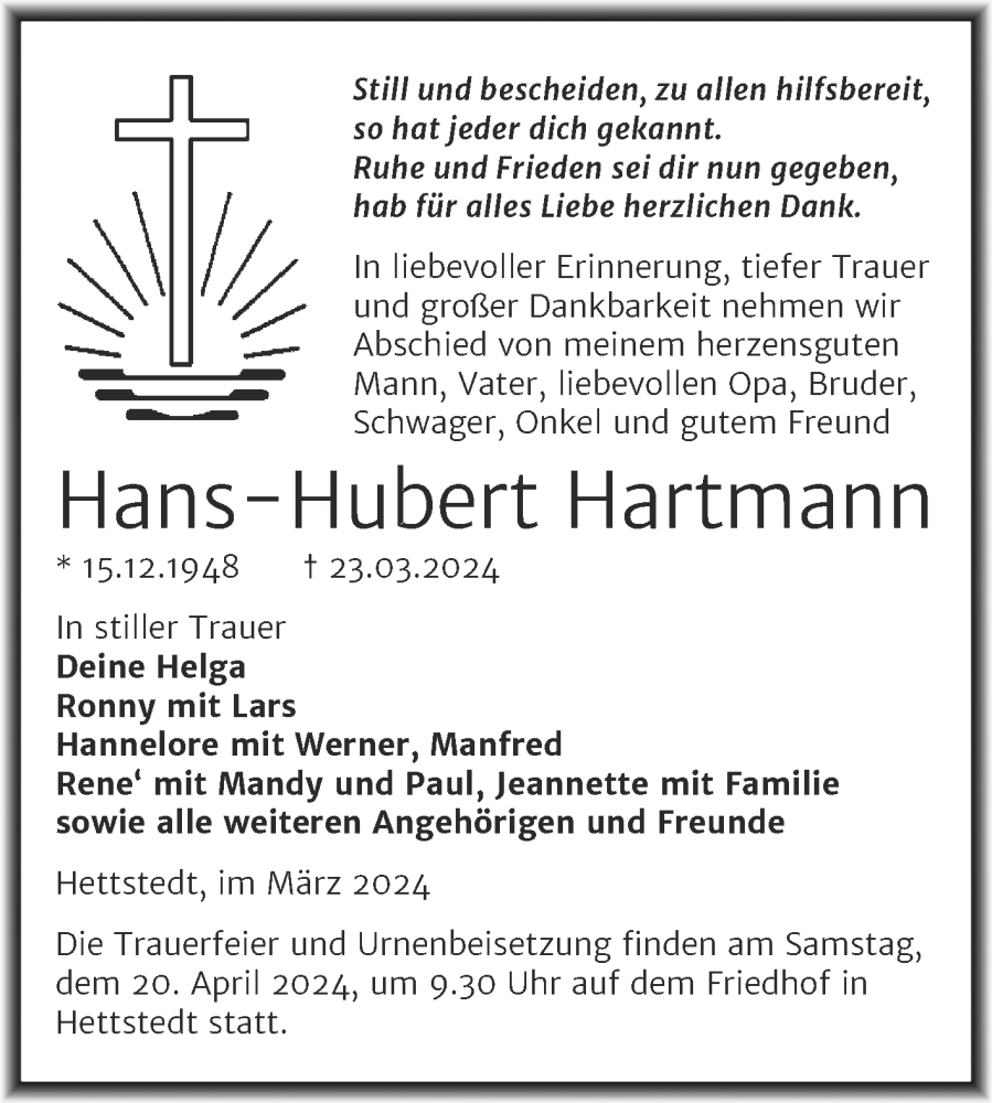  Traueranzeige für Hans-Hubert Hartmann vom 06.04.2024 aus Trauerkombi Mansfelder Land
