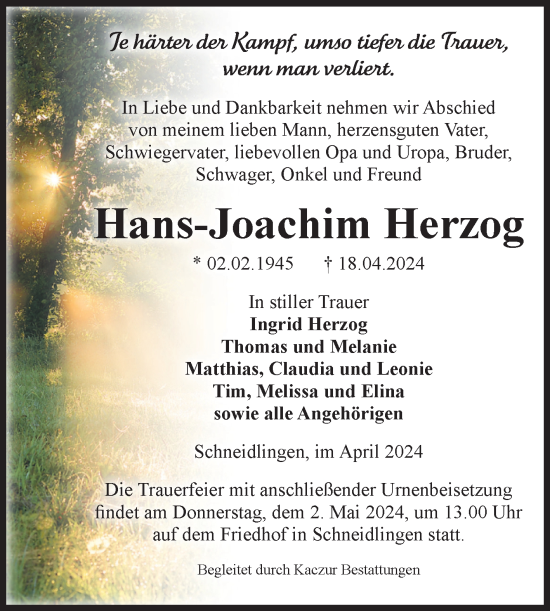 Traueranzeige von Hans-Joachim Herzog von Volksstimme Staßfurt