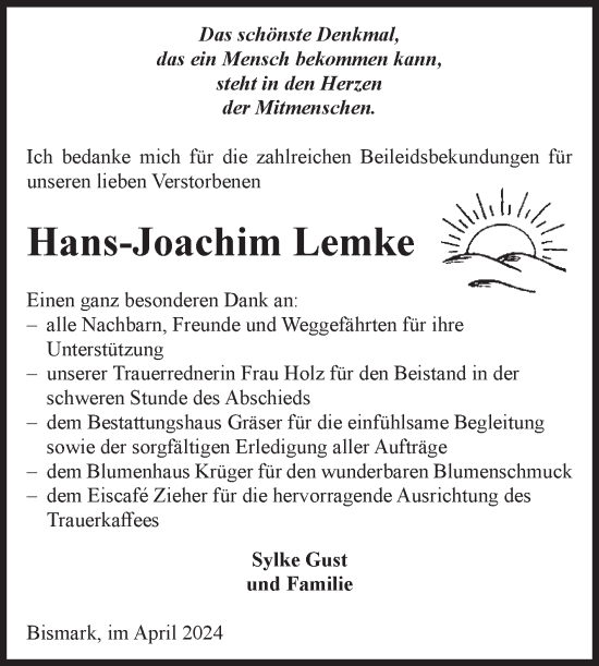 Traueranzeige von Hans-Joachim Lemke von Volksstimme Altmark Ost