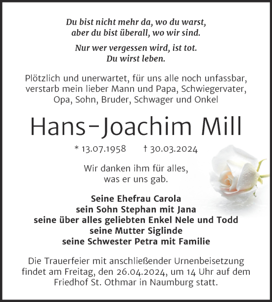 Traueranzeige von Hans-Joachim Mill von Super Sonntag Naumburg/Nebra