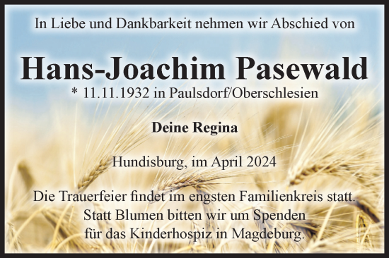 Traueranzeige von Hans-Joachim Pasewald von Volksstimme Haldensleben/Wolmirstedt