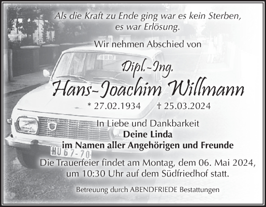 Traueranzeige von Hans-Joachim Willmann von Volksstimme Magdeburg
