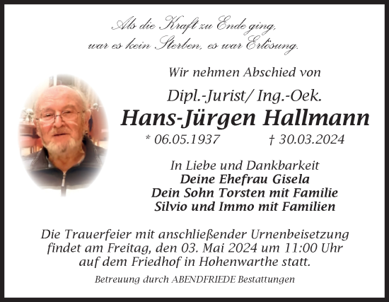 Traueranzeige von Hans-Jürgen Hallmann von Volksstimme Burg/Genthin