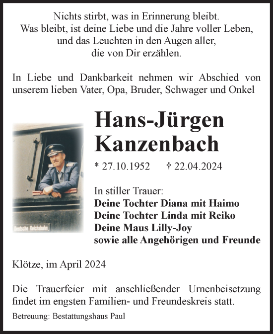 Traueranzeige von Hans-Jürgen Kanzenbach von Volksstimme Altmark West