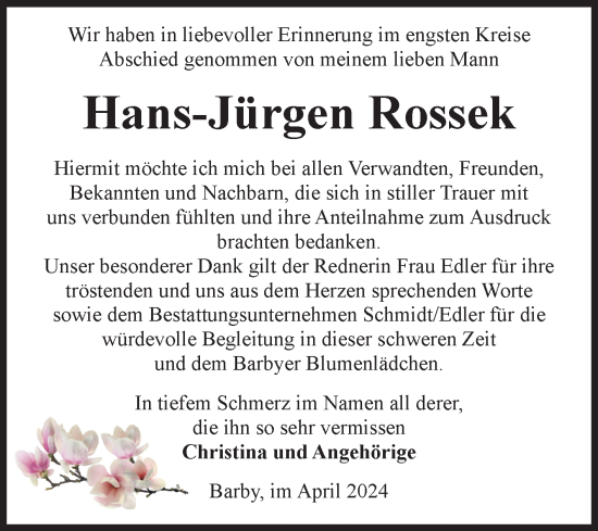 Traueranzeige von Hans-Jürgen Rossek von Volksstimme Schönebeck