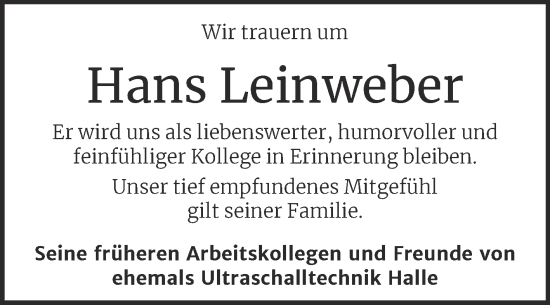 Traueranzeige von Hans Leinweber von Mitteldeutsche Zeitung Halle/Saalkreis