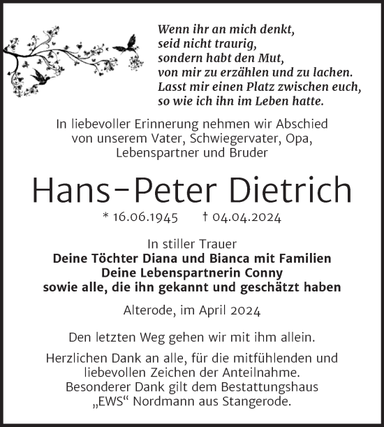 Traueranzeige von Hans-Peter Dietrich von Trauerkombi Quedlinburg