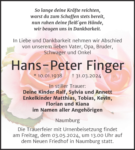 Traueranzeige von Hans-Peter Finger von Naumburger Tageblatt
