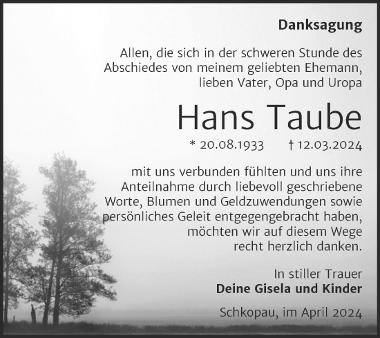 Traueranzeige von Hans Taube von Trauerkombi Merseburg