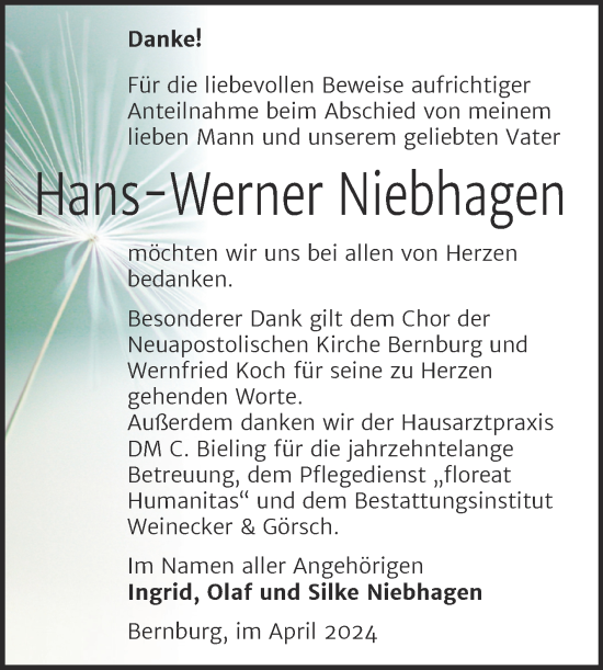 Traueranzeige von Hans-Werner Niebhagen von Trauerkombi Bernburg