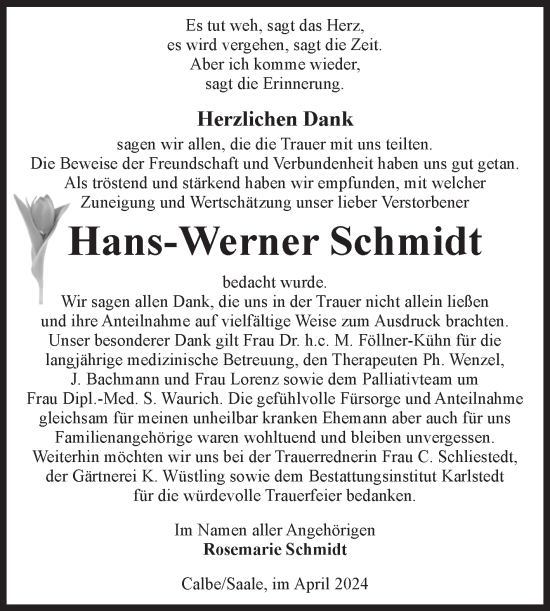 Traueranzeige von Hans-Werner Schmidt von Volksstimme Schönebeck