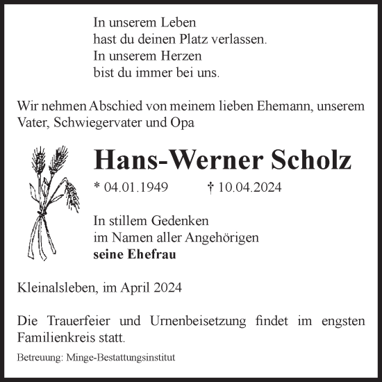 Traueranzeige von Hans-Werner Scholz von Volksstimme Oschersleben/Wanzleben