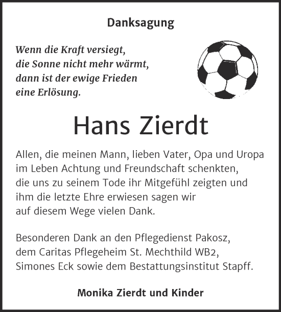 Traueranzeige von Hans Zierdt von Trauerkombi Mansfelder Land