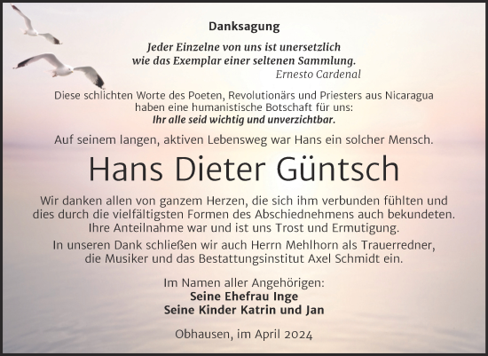 Traueranzeige von Hans Dieter Güntsch von Trauerkombi Merseburg