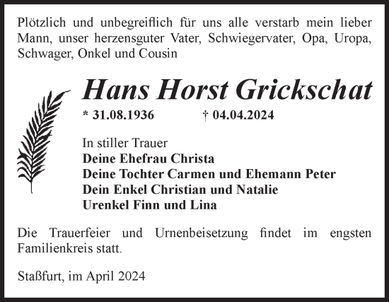 Traueranzeige von Hans Horst Grickschat von Volksstimme Staßfurt