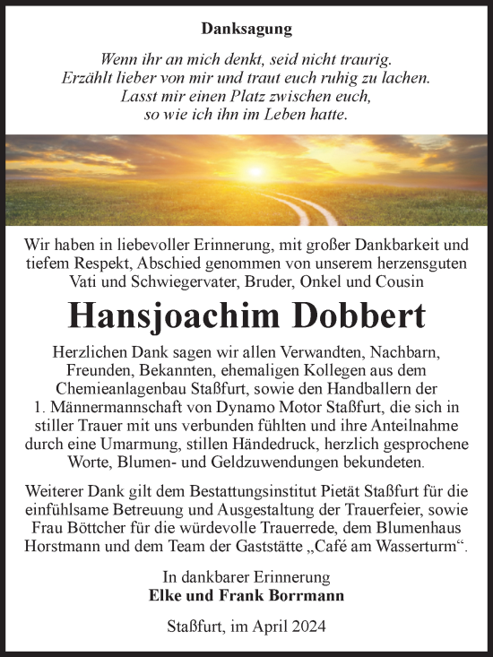 Traueranzeige von Hansjoachim Dobbert von Volksstimme Staßfurt