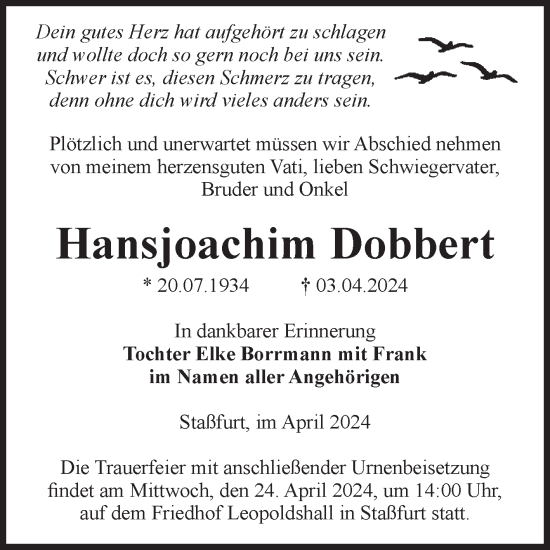 Traueranzeige von Hansjoachim Dobbert von Volksstimme Staßfurt