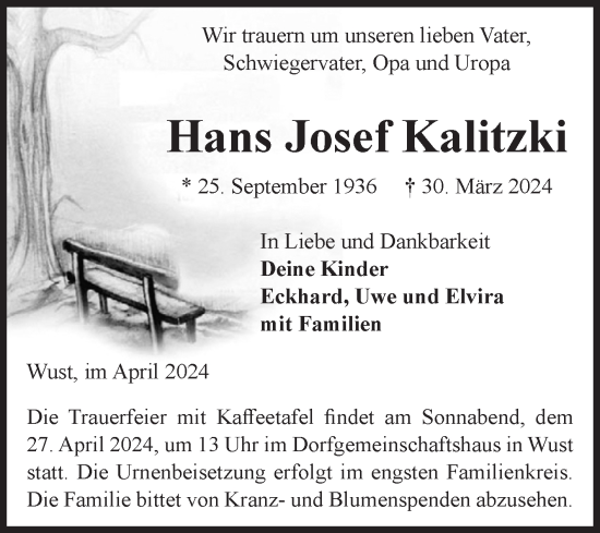 Traueranzeige von Hans Josef Kalitzki von Volksstimme Altmark Ost