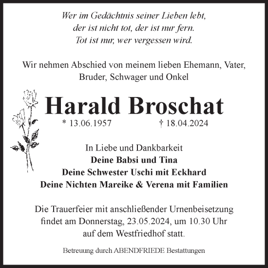 Traueranzeige von Harald Broschat von Volksstimme Magdeburg