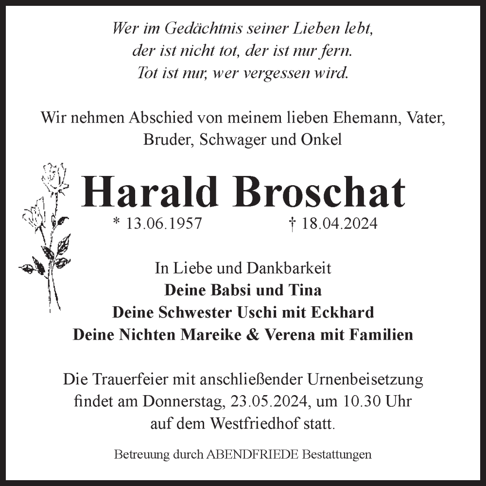  Traueranzeige für Harald Broschat vom 27.04.2024 aus Volksstimme Magdeburg