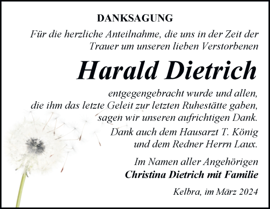Traueranzeige von Harald Dietrich von Trauerkombi Sangerhausen