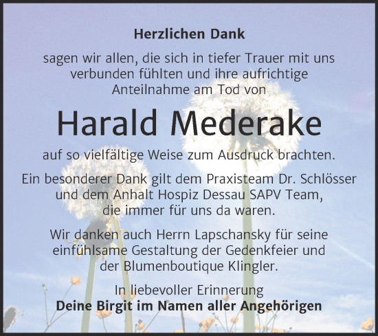 Traueranzeige von Harald Mederake von Trauerkombi Bitterfeld