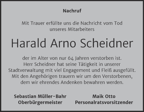 Traueranzeige von Harald Arno Scheidner von Super Sonntag Merseburg/Querfurt